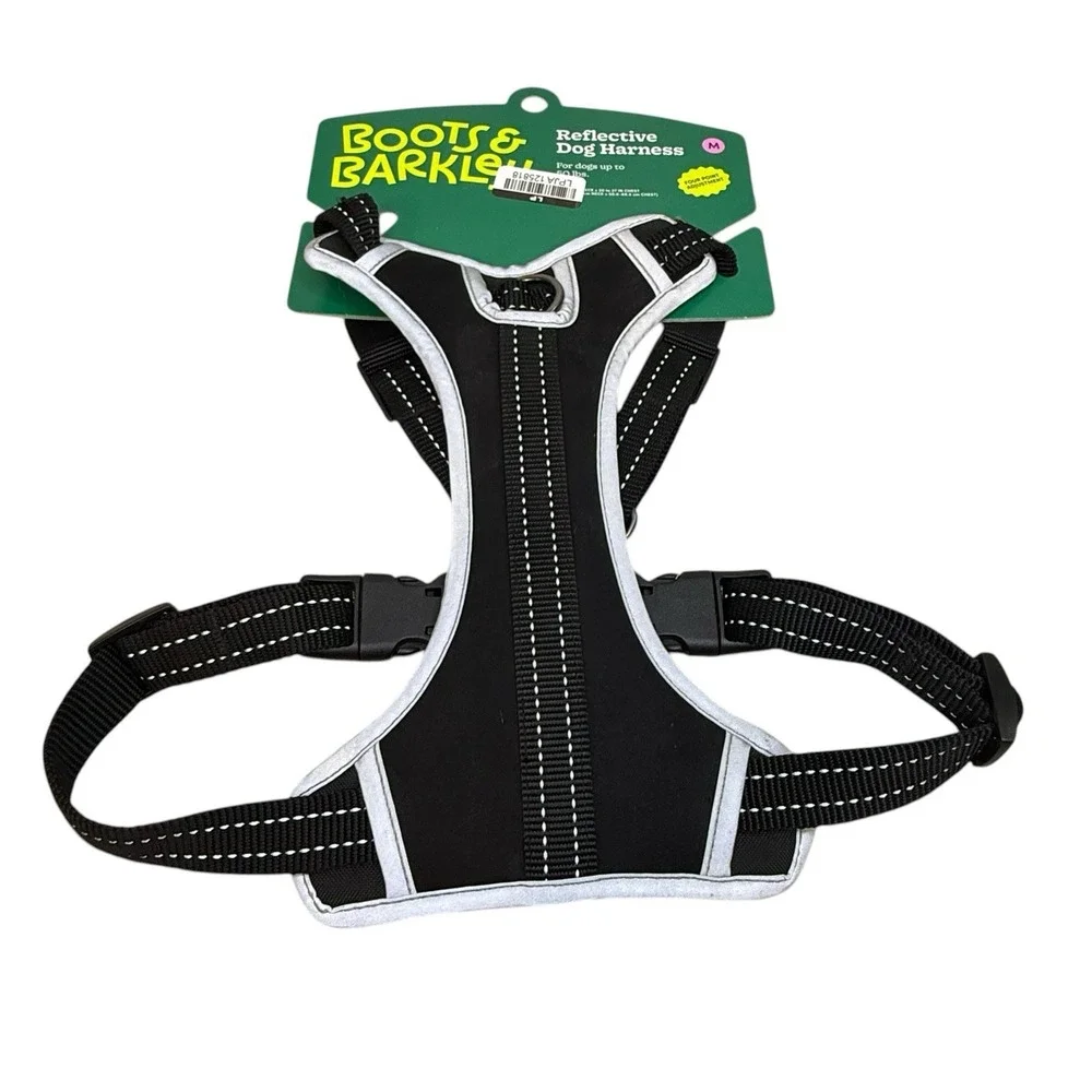 Boots and Barkley Medium Black Reflective Dog Harness And Retractable Leash Set